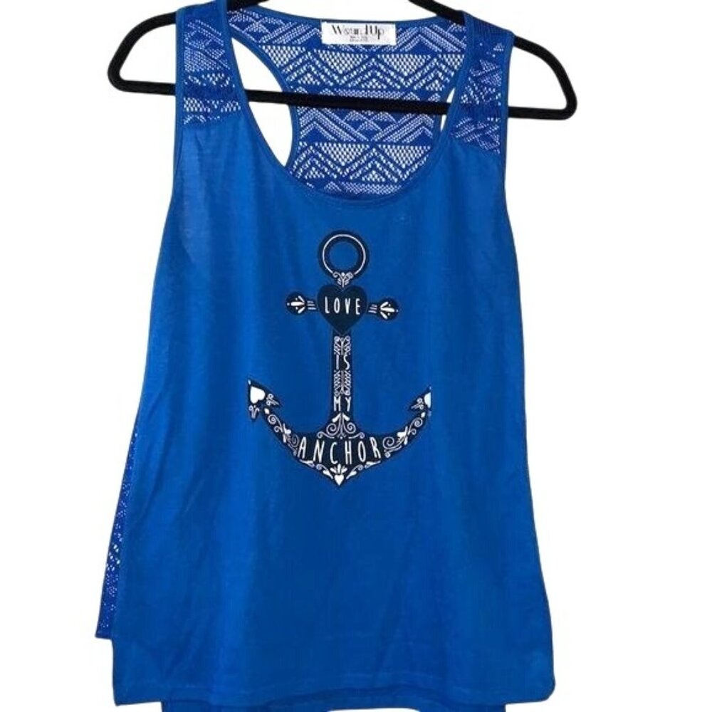 Wound Up Blue Racerback Tank Top With Lace Details & Anchor Graphic XLarge (15-1